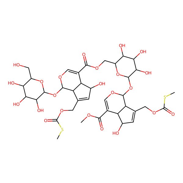 2D Structure of Methyl 5-hydroxy-7-(methylsulfanylcarbonyloxymethyl)-1-[3,4,5-trihydroxy-6-[[5-hydroxy-7-(methylsulfanylcarbonyloxymethyl)-1-[3,4,5-trihydroxy-6-(hydroxymethyl)oxan-2-yl]oxy-1,4a,5,7a-tetrahydrocyclopenta[c]pyran-4-carbonyl]oxymethyl]oxan-2-yl]oxy-1,4a,5,7a-tetrahydrocyclopenta[c]pyran-4-carboxylate