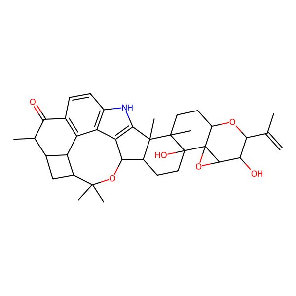 2D Structure of (1S,2R,5S,6R,8R,9S,10R,12S,15R,16S,24R,25S,27S,28S)-5,9-dihydroxy-15,16,24,33,33-pentamethyl-10-prop-1-en-2-yl-7,11,32-trioxa-18-azadecacyclo[25.4.2.02,16.05,15.06,8.06,12.017,31.019,30.022,29.025,28]tritriaconta-17(31),19(30),20,22(29)-tetraen-23-one