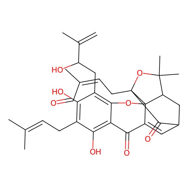 2D Structure of 4-[6,8-Dihydroxy-5-(2-hydroxy-3-methylbut-3-enyl)-17,17-dimethyl-7-(3-methylbut-2-enyl)-10,14-dioxo-3,16-dioxapentacyclo[11.4.1.02,11.02,15.04,9]octadeca-4,6,8,11-tetraen-15-yl]-2-methylbut-2-enal