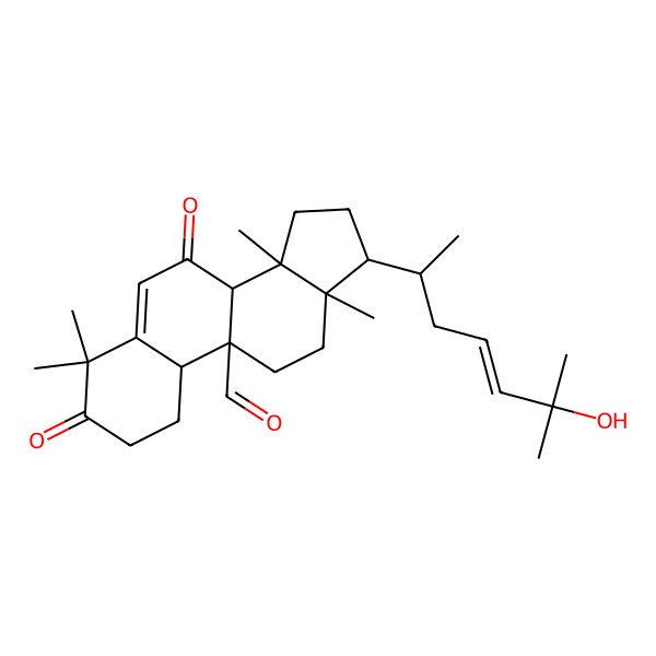 2D Structure of (9R,13R,14S,17R)-17-[(E,1R)-5-hydroxy-1,5-dimethyl-hex-3-enyl]-4,4,13,14-tetramethyl-3,7-dioxo-2,8,10,11,12,15,16,17-octahydro-1H-cyclopenta[a]phenanthrene-9-carbaldehyde
