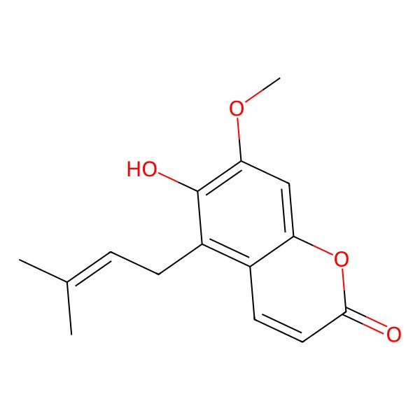 2D Structure of 2H-1-Benzopyran-2-one, 6-hydroxy-7-methoxy-5-(3-methyl-2-butenyl)- 2D Structure of 2H-1-Benzopyran-2-one, 6-hydroxy-7-methoxy-5-(3-methyl-2-butenyl)-