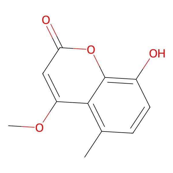 2D Structure of 2H-1-Benzopyran-2-one, 8-hydroxy-4-methoxy-5-methyl-