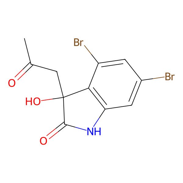 2D Structure of 2H-Indol-2-one, 4,6-dibromo-1,3-dihydro-3-hydroxy-3-(2-oxopropyl)-
