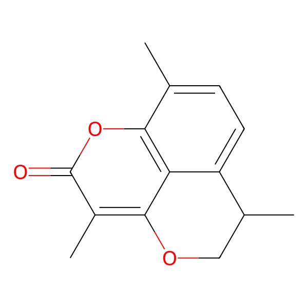 2D Structure of 2H-Pyrano[2,3,4-de]-1-benzopyran-2-one, 5,6-dihydro-3,6,9-trimethyl-