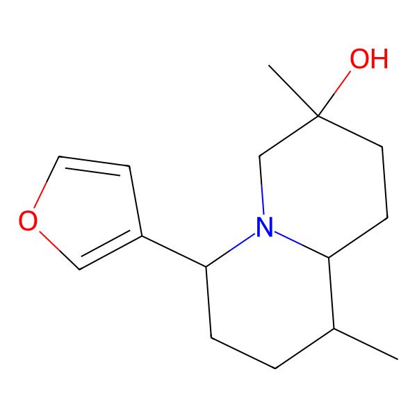 2D Structure of 2H-Quinolizin-3-ol, 6-(3-furanyl)octahydro-3,9-dimethyl-, (3R,6S,9R,9aS)- 2D Structure of 2H-Quinolizin-3-ol, 6-(3-furanyl)octahydro-3,9-dimethyl-, (3R,6S,9R,9aS)-