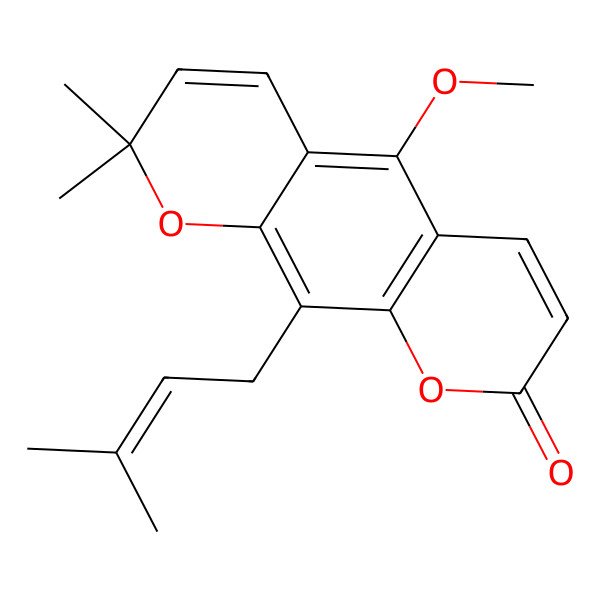 2D Structure of 2H,8H-Benzo[1,2-b:5,4-b']dipyran-2-one, 5-methoxy-8,8-dimethyl-10-(3-methyl-2-butenyl)-