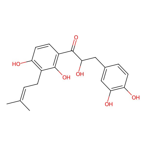 2D Structure of (2R)-1-[2,4-dihydroxy-3-(3-methylbut-2-enyl)phenyl]-3-(3,4-dihydroxyphenyl)-2-hydroxypropan-1-one