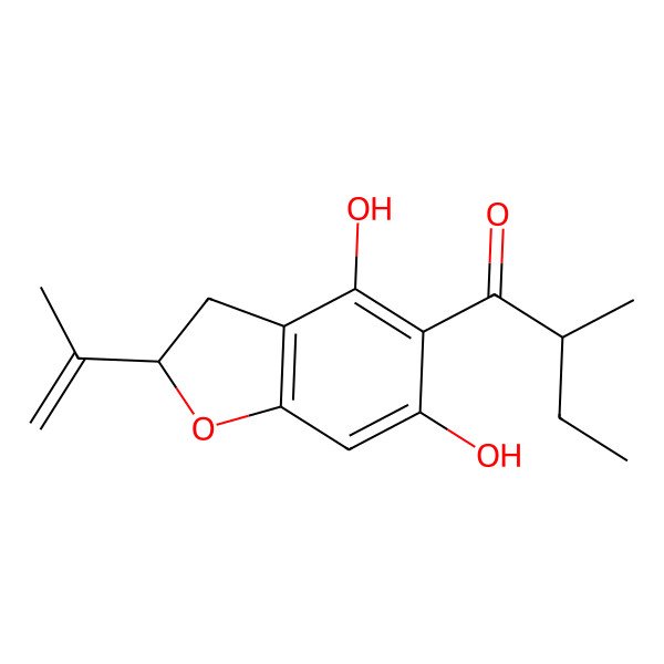 2D Structure of (2R)-1-[(2S)-4,6-dihydroxy-2-prop-1-en-2-yl-2,3-dihydro-1-benzofuran-5-yl]-2-methylbutan-1-one