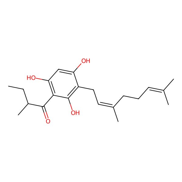 2D Structure of (2R)-1-[3-[(2E)-3,7-dimethylocta-2,6-dienyl]-2,4,6-trihydroxyphenyl]-2-methylbutan-1-one
