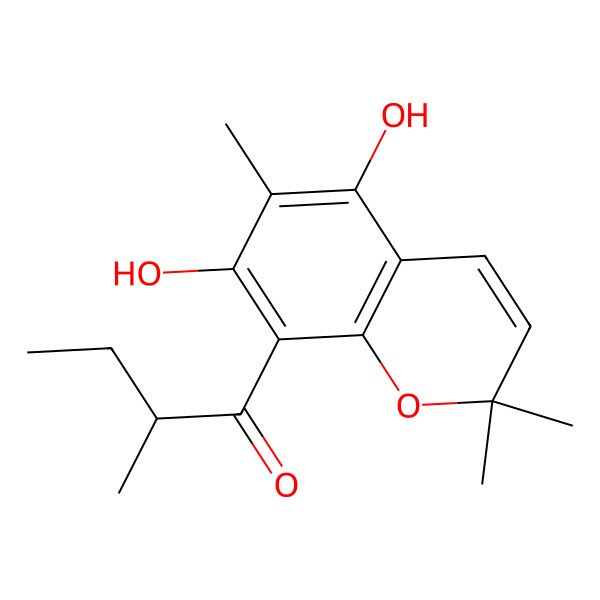 2D Structure of (2R)-1-(5,7-dihydroxy-2,2,6-trimethylchromen-8-yl)-2-methylbutan-1-one 2D Structure of (2R)-1-(5,7-dihydroxy-2,2,6-trimethylchromen-8-yl)-2-methylbutan-1-one