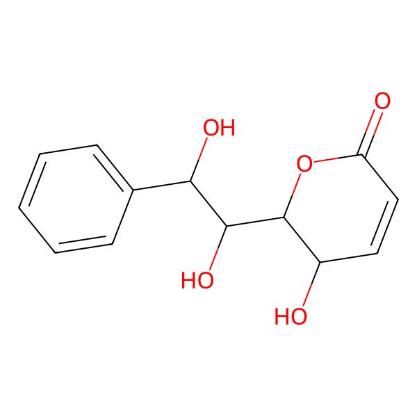 2D Structure of (2R)-2-(1,2-dihydroxy-2-phenylethyl)-3-hydroxy-2,3-dihydropyran-6-one