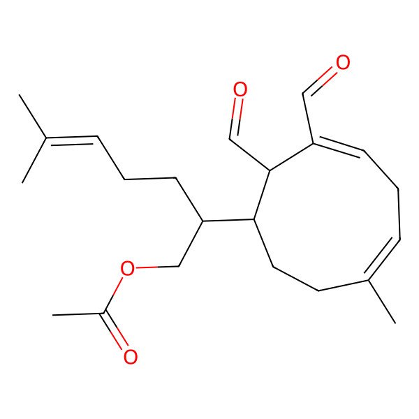 2D Structure of [(2R)-2-[(1S,3E,6E)-2,3-diformyl-7-methylcyclonona-3,6-dien-1-yl]-6-methylhept-5-enyl] acetate