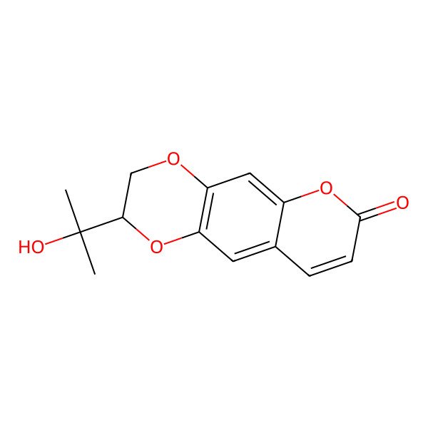 2D Structure of (2R)-2-(2-hydroxypropan-2-yl)-2,3-dihydropyrano[2,3-g][1,4]benzodioxin-7-one