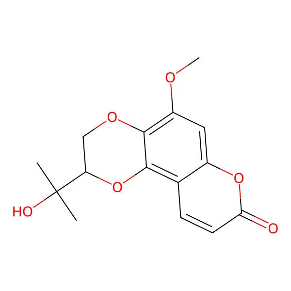 2D Structure of (2R)-2-(2-hydroxypropan-2-yl)-5-methoxy-2,3-dihydropyrano[2,3-h][1,4]benzodioxin-8-one