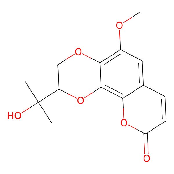 2D Structure of (2R)-2-(2-hydroxypropan-2-yl)-5-methoxy-2,3-dihydropyrano[3,2-h][1,4]benzodioxin-9-one