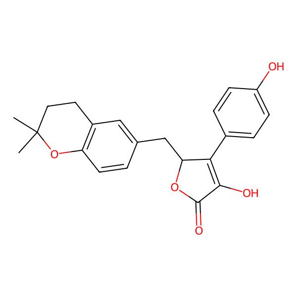 2D Structure of (2R)-2-[(2,2-dimethyl-3,4-dihydrochromen-6-yl)methyl]-4-hydroxy-3-(4-hydroxyphenyl)-2H-furan-5-one
