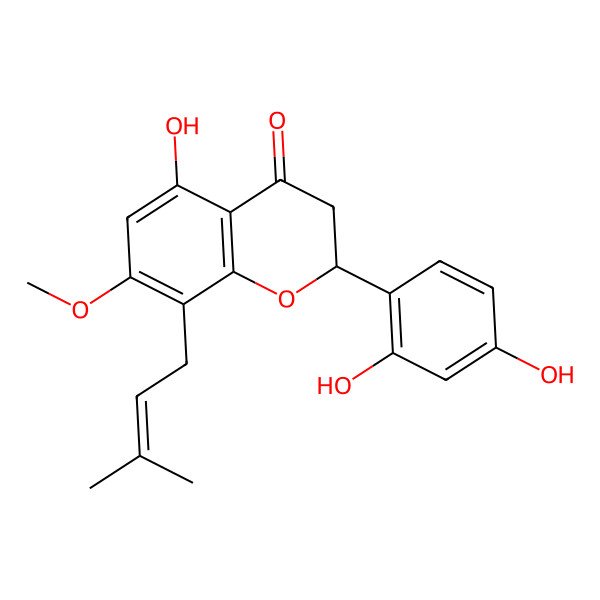 2D Structure of (2R)-2-(2,4-dihydroxyphenyl)-5-hydroxy-7-methoxy-8-(3-methylbut-2-enyl)-2,3-dihydrochromen-4-one