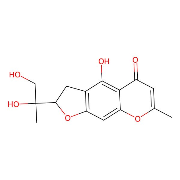 2D Structure of (2R)-2-[(2S)-1,2-dihydroxypropan-2-yl]-4-hydroxy-7-methyl-2,3-dihydrofuro[3,2-g]chromen-5-one