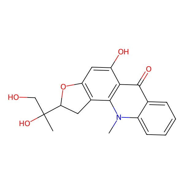 2D Structure of (2R)-2-[(2S)-1,2-dihydroxypropan-2-yl]-5-hydroxy-11-methyl-1,2-dihydrofuro[2,3-c]acridin-6-one