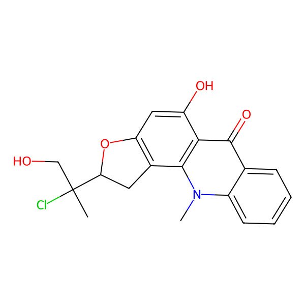 2D Structure of (2R)-2-[(2S)-2-chloro-1-hydroxypropan-2-yl]-5-hydroxy-11-methyl-1,2-dihydrofuro[2,3-c]acridin-6-one