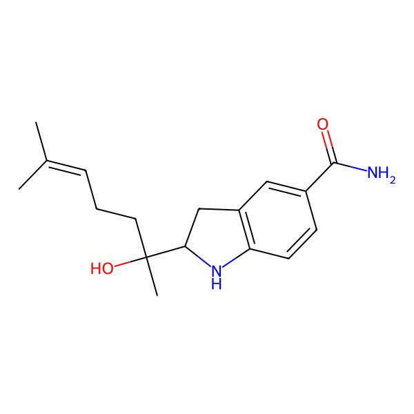 2D Structure of (2R)-2-[(2S)-2-hydroxy-6-methylhept-5-en-2-yl]-2,3-dihydro-1H-indole-5-carboxamide