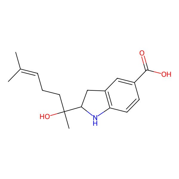2D Structure of (2R)-2-[(2S)-2-hydroxy-6-methylhept-5-en-2-yl]-2,3-dihydro-1H-indole-5-carboxylic acid