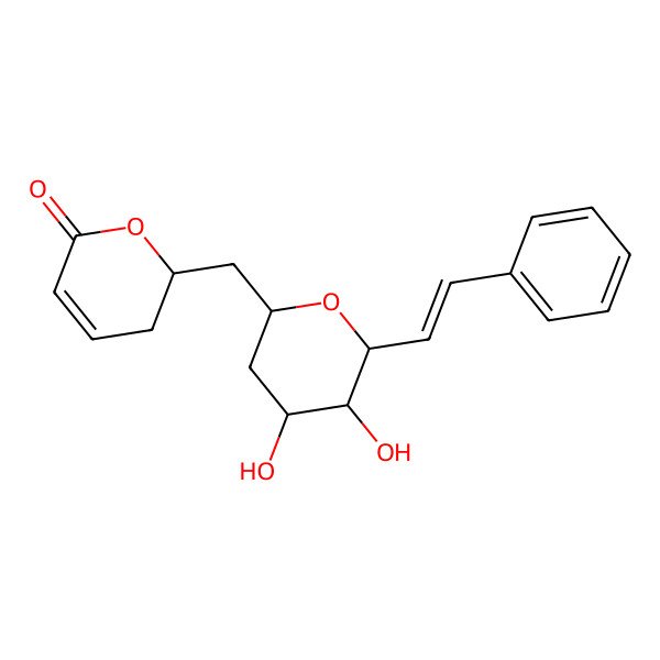 2D Structure of (2R)-2-[[(2S,4R,5S,6R)-4,5-dihydroxy-6-[(E)-2-phenylethenyl]oxan-2-yl]methyl]-2,3-dihydropyran-6-one