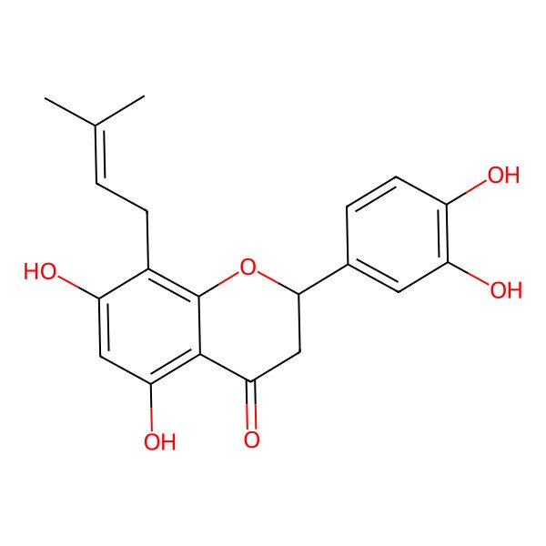 2D Structure of (2R)-2-(3,4-dihydroxyphenyl)-5,7-dihydroxy-8-(3-methylbut-2-enyl)-2,3-dihydrochromen-4-one