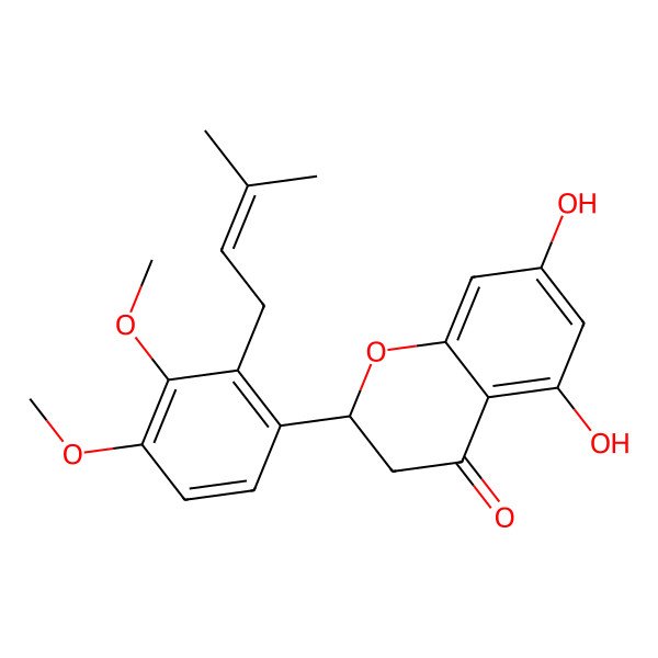 2D Structure of (2R)-2-[3,4-dimethoxy-2-(3-methylbut-2-enyl)phenyl]-5,7-dihydroxy-2,3-dihydrochromen-4-one