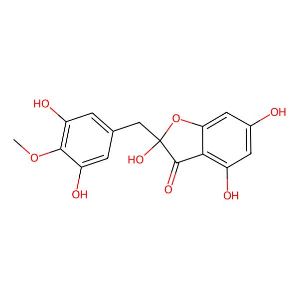 2D Structure of (2R)-2-[(3,5-dihydroxy-4-methoxyphenyl)methyl]-2,4,6-trihydroxy-1-benzofuran-3-one