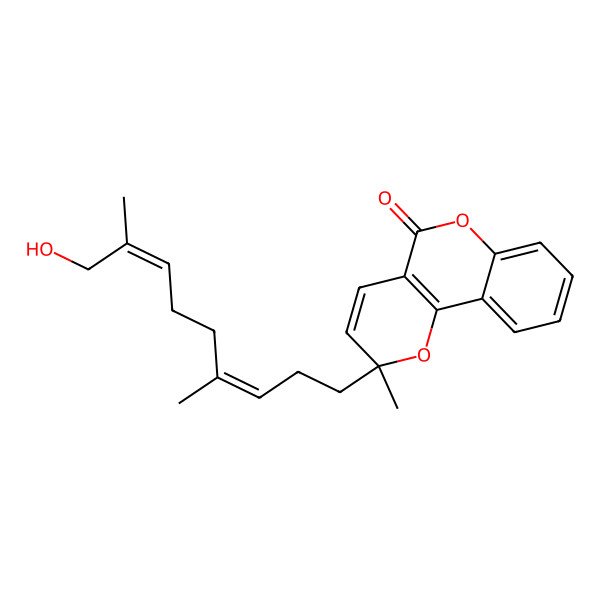 2D Structure of (2R)-2-[(3E,7E)-9-hydroxy-4,8-dimethylnona-3,7-dienyl]-2-methylpyrano[3,2-c]chromen-5-one