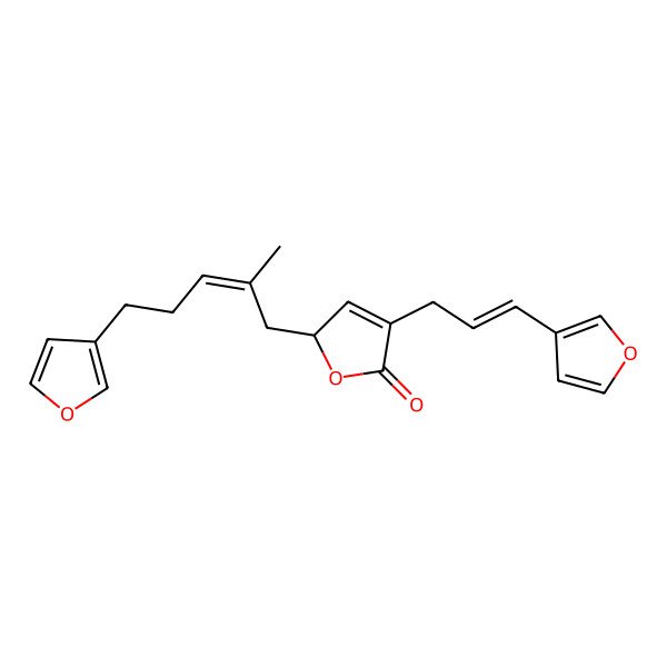 2D Structure of (2R)-2-[5-(furan-3-yl)-2-methylpent-2-enyl]-4-[(E)-3-(furan-3-yl)prop-2-enyl]-2H-furan-5-one