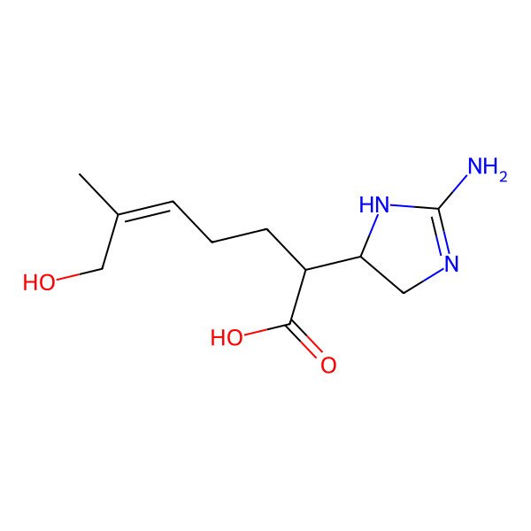 2D Structure of (2R)-2-[(5R)-2-amino-4,5-dihydro-1H-imidazol-5-yl]-7-hydroxy-6-methylhept-5-enoic acid