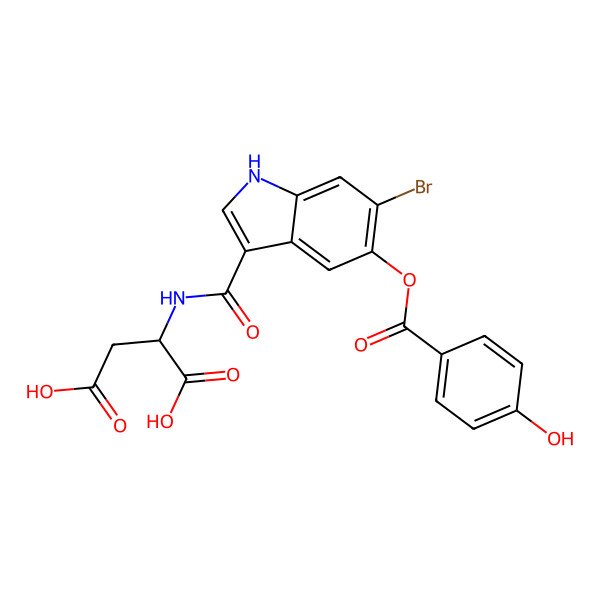 2D Structure of (2R)-2-[[6-bromo-5-(4-hydroxybenzoyl)oxy-1H-indole-3-carbonyl]amino]butanedioic acid