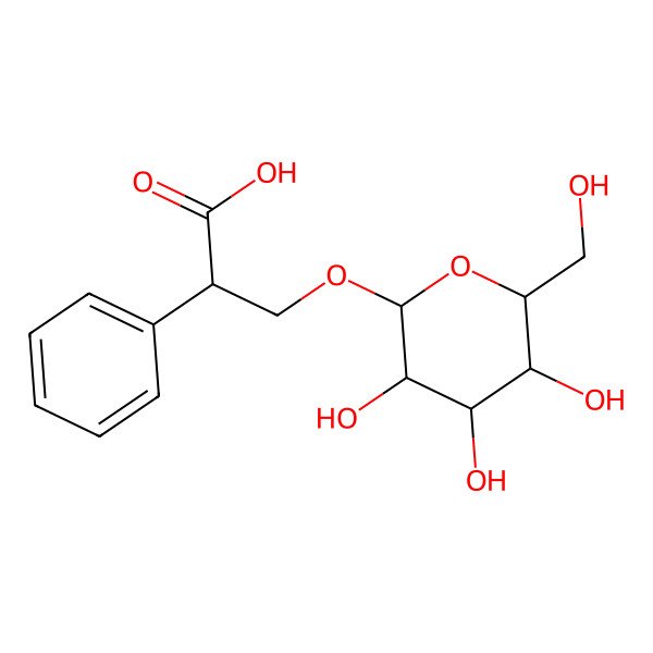 2D Structure of (2R)-2-phenyl-3-[(2S,3S,4R,5R,6S)-3,4,5-trihydroxy-6-(hydroxymethyl)oxan-2-yl]oxypropanoic acid
