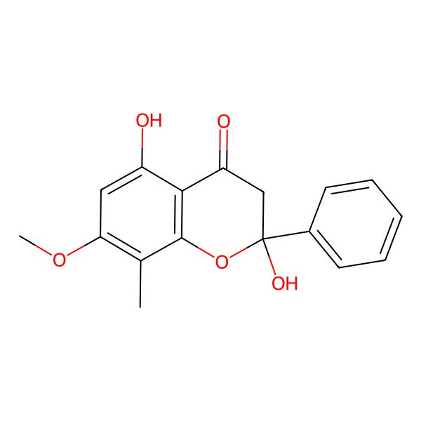 2D Structure of (2R)-2,5-dihydroxy-7-methoxy-8-methyl-2-phenyl-3H-chromen-4-one 2D Structure of (2R)-2,5-dihydroxy-7-methoxy-8-methyl-2-phenyl-3H-chromen-4-one