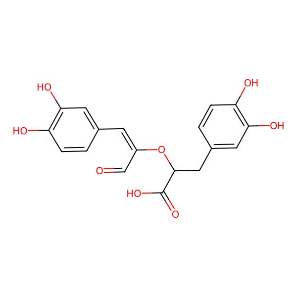 2D Structure of (2R)-3-(3,4-dihydroxyphenyl)-2-[(E)-1-(3,4-dihydroxyphenyl)-3-oxoprop-1-en-2-yl]oxypropanoic acid