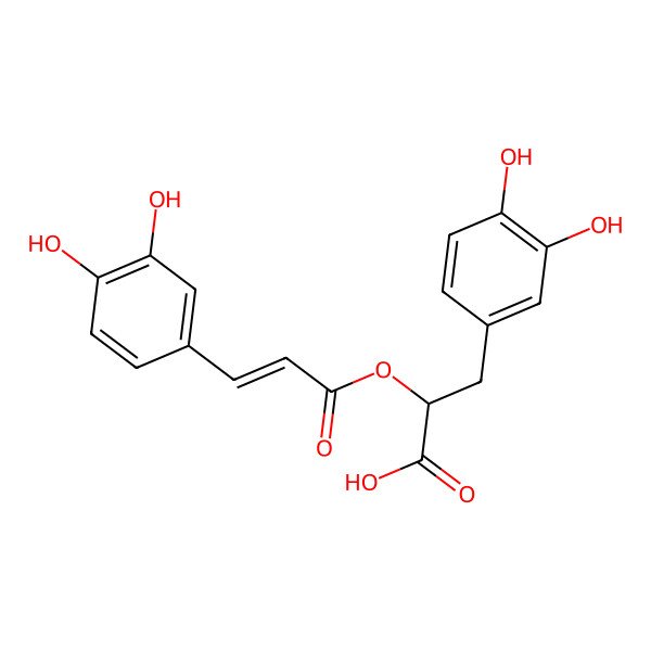 2D Structure of (2R)-3-(3,4-dihydroxyphenyl)-2-((Z)-3-(3,4-dihydroxyphenyl)prop-2-enoyl)oxypropanoic acid