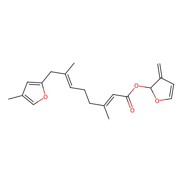 2D Structure of [(2R)-3-methylidenefuran-2-yl] (2E,6E)-3,7-dimethyl-8-(4-methylfuran-2-yl)octa-2,6-dienoate