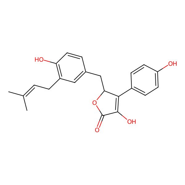 2D Structure of (2R)-4-hydroxy-2-[[4-hydroxy-3-(3-methylbut-2-enyl)phenyl]methyl]-3-(4-hydroxyphenyl)-2H-furan-5-one