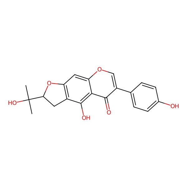 2D Structure of (2R)-4-hydroxy-6-(4-hydroxyphenyl)-2-(2-hydroxypropan-2-yl)-2,3-dihydrofuro[3,2-g]chromen-5-one
