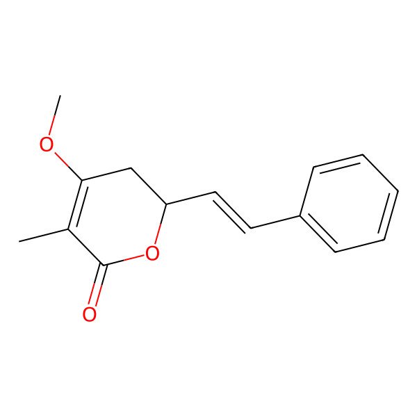2D Structure of (2R)-4-methoxy-5-methyl-2-[(E)-2-phenylethenyl]-2,3-dihydropyran-6-one