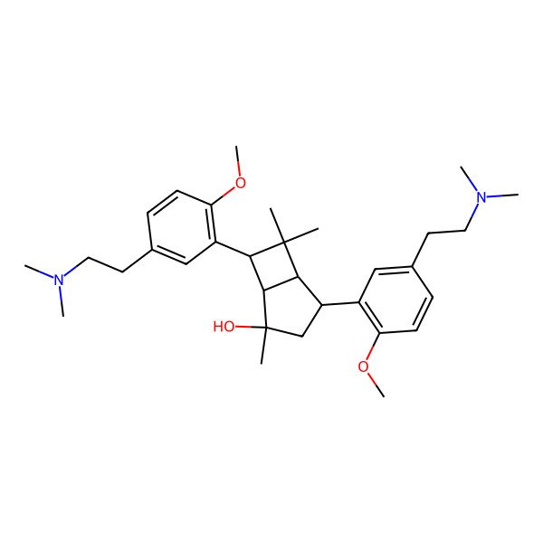 2D Structure of (2R)-4,7-bis[5-[2-(dimethylamino)ethyl]-2-methoxyphenyl]-2,6,6-trimethylbicyclo[3.2.0]heptan-2-ol
