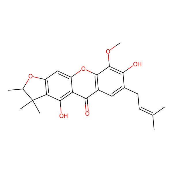 2D Structure of (2R)-4,8-dihydroxy-9-methoxy-2,3,3-trimethyl-7-(3-methylbut-2-enyl)-2H-furo[3,2-b]xanthen-5-one