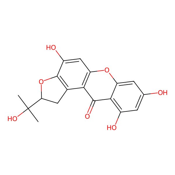 2D Structure of (2R)-4,8,10-trihydroxy-2-(2-hydroxypropan-2-yl)-1,2-dihydrofuro[3,2-a]xanthen-11-one