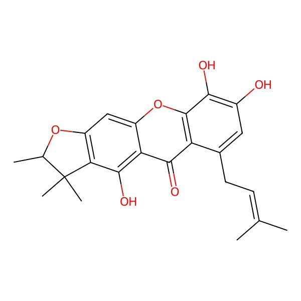 2D Structure of (2R)-4,8,9-trihydroxy-2,3,3-trimethyl-6-(3-methylbut-2-enyl)-2H-furo[3,2-b]xanthen-5-one