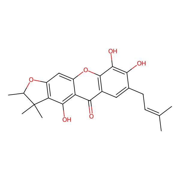 2D Structure of (2R)-4,8,9-trihydroxy-2,3,3-trimethyl-7-(3-methylbut-2-enyl)-2H-furo[3,2-b]xanthen-5-one