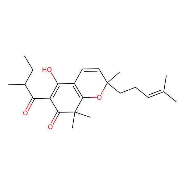 2D Structure of (2R)-5-hydroxy-2,8,8-trimethyl-6-[(2R)-2-methylbutanoyl]-2-(4-methylpent-3-enyl)chromen-7-one
