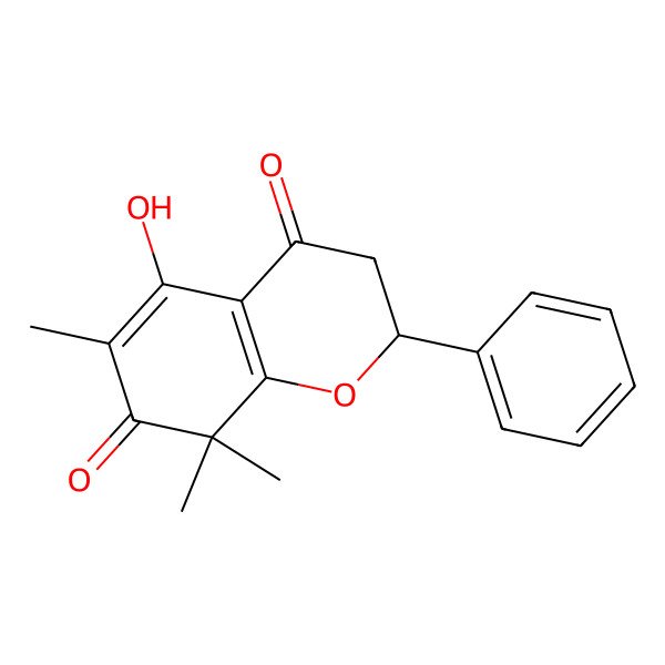 2D Structure of (2R)-5-hydroxy-6,8,8-trimethyl-2-phenyl-2,3-dihydrochromene-4,7-dione