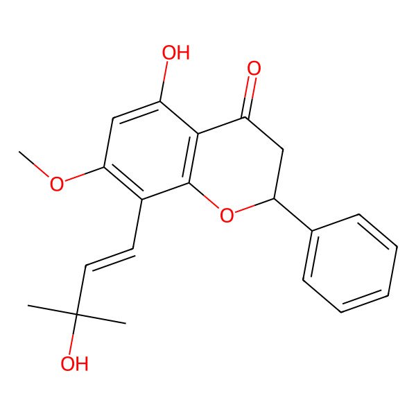 2D Structure of (2R)-5-hydroxy-8-[(E)-3-hydroxy-3-methylbut-1-enyl]-7-methoxy-2-phenyl-2,3-dihydrochromen-4-one